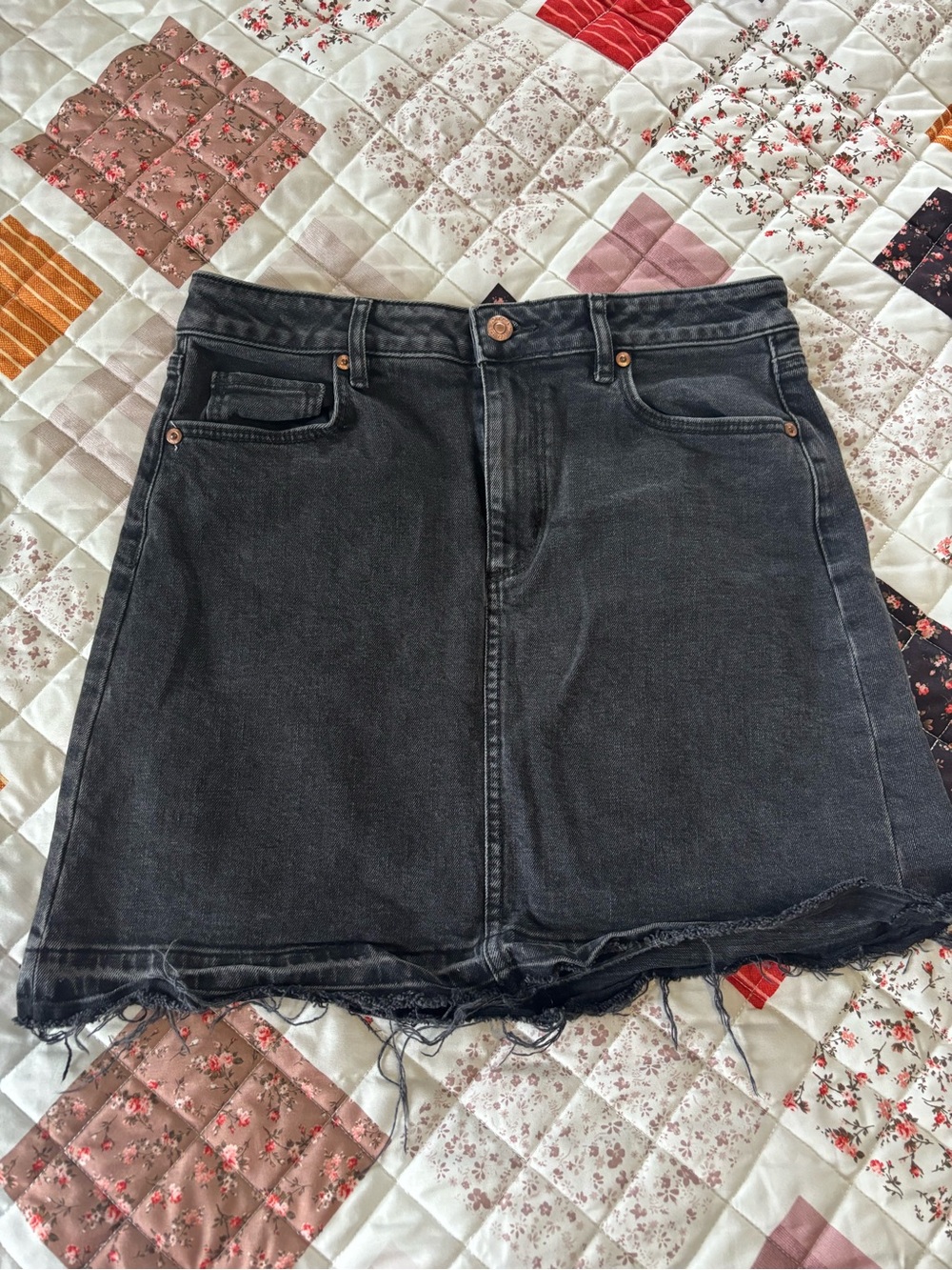 LOFT Black Washed Denim Mini Skirt with Frayed Hem